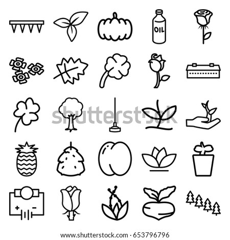 Plant icons set. set of 25 plant outline icons such as barn, berry, leaf, pumpkin, peach, beet, oil, pine tree, clover, plowing tool, hoe, flower, tree, rose, clover