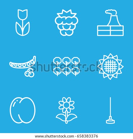 Plant icons set. set of 9 plant outline icons such as peach, mulberry, peas, sunflower, tree, factory, hoe