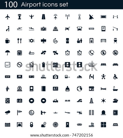 Airport icon set with 100 vector pictograms. Simple filled icons isolated on a white background. Good for apps and web sites.