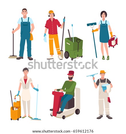 Different janitor set. People with cleaning equipment window washer, cleaner, sweeper the floor. Man on the washing machine, woman with a broom. illustration in flat style