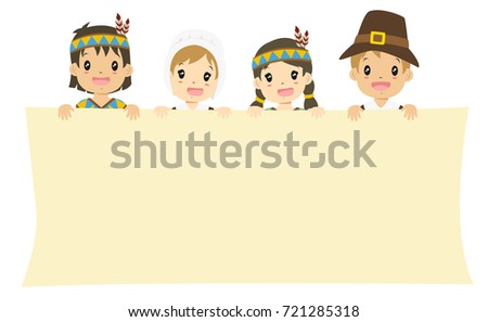 Happy Native American And Pilgrim Boys Girls Holding An Empty Banner Waving Their Hand