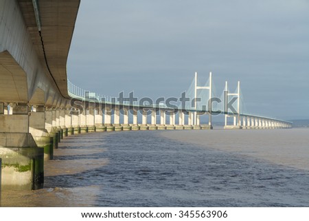 The Second Severn crossing is a bridge that carries the M4 motorway over the Bristol Channel or River Severn Estuary between England and Wales, United Kingdom. Morning light from East.
