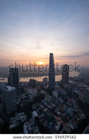 Ho Chi Minh city, Vietnam - February 26, 2017: Aerial view of houses and Business and Sai Gon Center of Ho Chi Minh city