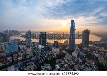 Ho Chi Minh city, Vietnam - February 26, 2017: Aerial view of houses and Business and Sai Gon Center of Ho Chi Minh city