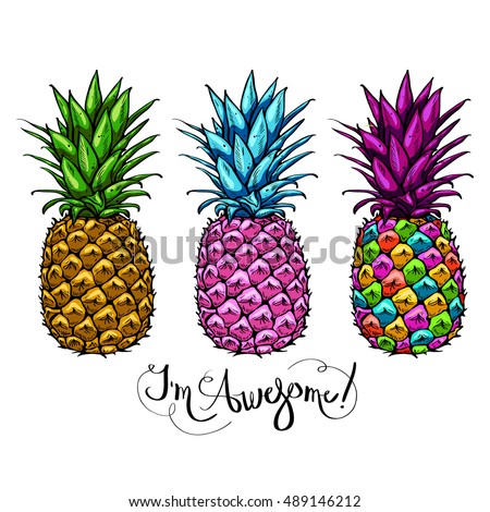 Image with three multicolored pineapples fruit lettering awesome on white background. Print t-shirt, graphic element for your design. Vector illustration.