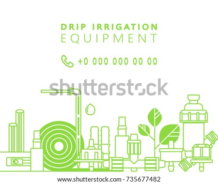 Drip irrigation. Vector background with line icons of equipment for irrigation system in the garden area.