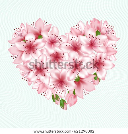 Spring tree blossom flowers heart vector illustration. Japanese cherry, peach or apple tree blossom flowers vector. Floral heart love symbol. Flowers and buds graphic design. Pink blooming elements.