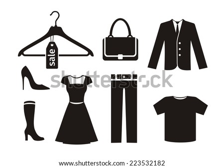 stock vector clothes icon set in black color on white background trousers hanger bag jacket woman shoes dress t 223532182