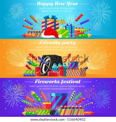 Happy New Year. Friendly party. Fireworks festival. Set fireworks. Different kinds of bright and great firecrackers. Interesting decorations. Colourful backgrounds. Flat design. Vector illustration
