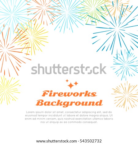 Fireworks background with colorful fireworks at top on white. Happy holidays postcard with salute elements for postcard or greeting card with pyrotechnical elements. Banner poster with salute. Vector
