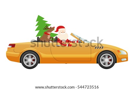 Santa Claus drive on cute yellow luxury car with reindeer and green fir tree. Santa prepares cute present for businessman. Vector illustration of expensive auto with Father Christmas and Rudolf