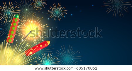 Fireworks party web barner in cartoon style. Collection of pyrotechnics illustration of colourful firework rockets exploding in night sky. New Year attributes firecrackers christmas decorations.