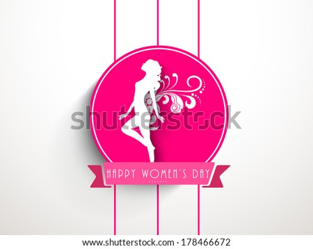 Happy Women's Day celebrations sticker, tag or label design decorated by white silhouette of a young girl with wings on pink background.