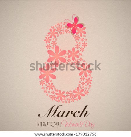 International Happy Women's Day celebration concept with stylish floral decorated text 8th March on brown background.
