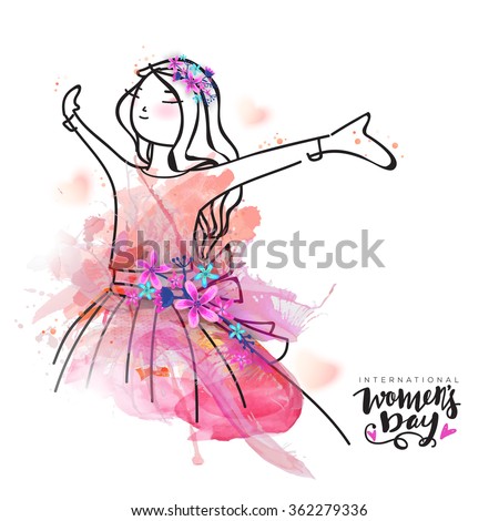 Creative illustration of young happy girl with splash and flowers for International Women's Day celebration.