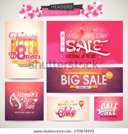 Creative Sale header or banner set with discount offer for Happy Women's Day celebration.