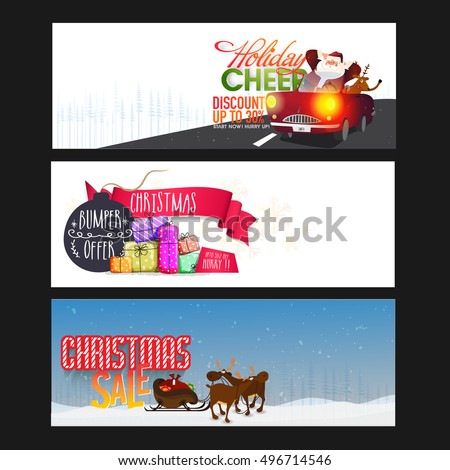 Christmas Sale website header or banner set with Santa Claus in car, colorful gifts and reindeer sleigh.