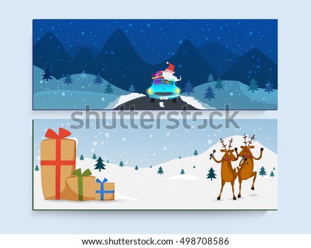 Creative website header or banner set with illustration of Santa Claus in car, Dancing Reindeers and Big Gift Boxes on winter background.