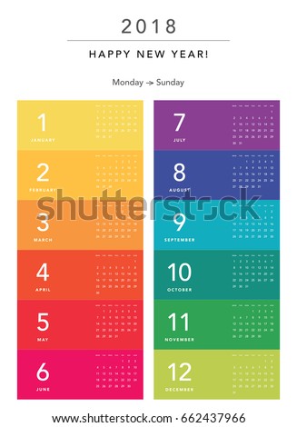 Colorful calendar Layout for 2018 years. Week starts from Monday.