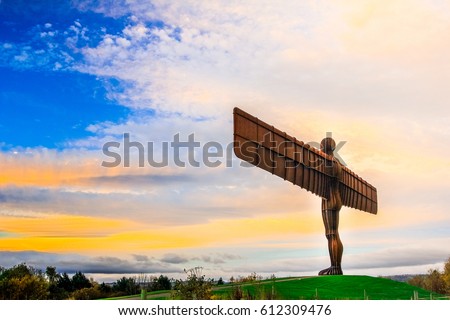 The angel of the north a steel sculpture stand alone on morning day at Newcastle Upon Tyne, UK