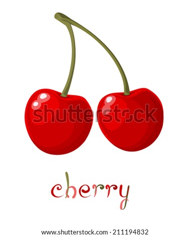 Red Cherry. Illustration of brunch fresh ripe cherry. A couple of red berries. Clip art with title. Isolated on white. Vector file is EPS8, all elements are grouped.