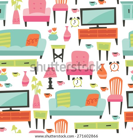 a vector illustration of retro inspired home living furniture theme seamless pattern background - Retro Home Decor a vector illustration of retro inspired home living furniture theme seamless pattern background - Retro Home Decor