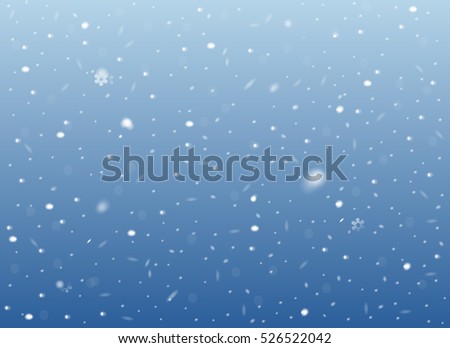 Falling snow on blue background. Vector image. Abstract snowflake backdrop. Winter composition with glowing elements. Snowfall in motion. Template in seasonal style for your design. Snowy horizontal