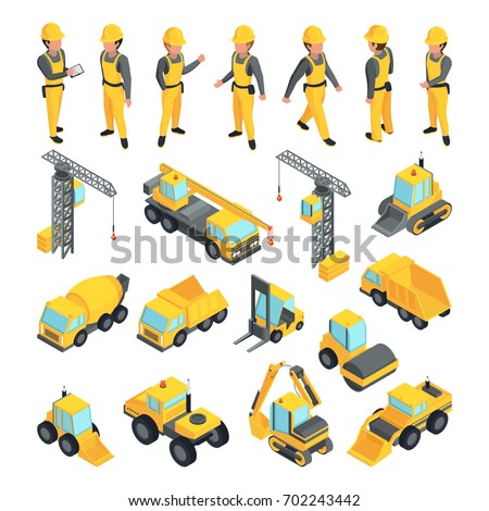Transport and workers for construction buildings. Vector pictures in isometric style. Building worker and equipment transport illustration