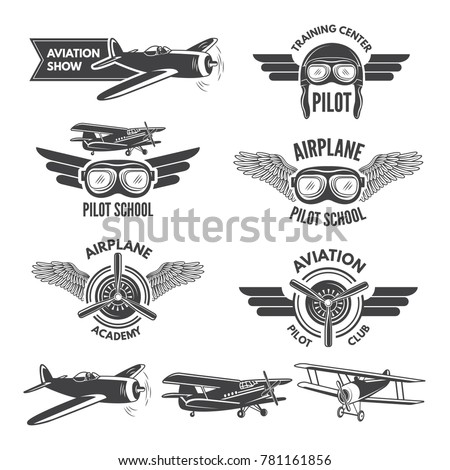 Labels set with illustrations of vintage airplanes. Travel pictures and logo for aviators. Aviation flight badge, airplane emblem, pilot school logo vector