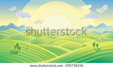 Sunny hilly landscape, sunrise over the hills.