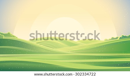 Nature sunrise background, a landscape with green hills and meadows.