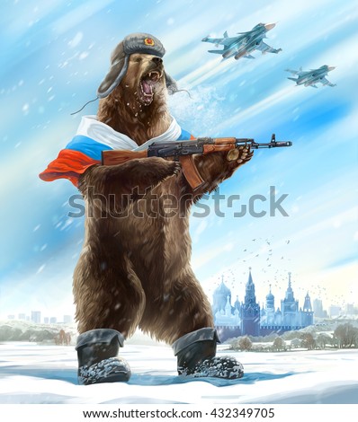 Grotesque (caricature) character. Furious bear with a kalashnikov assault rifle is wearing a soldier cap. Comic image of Russia and the USSR. Propaganda cliche.