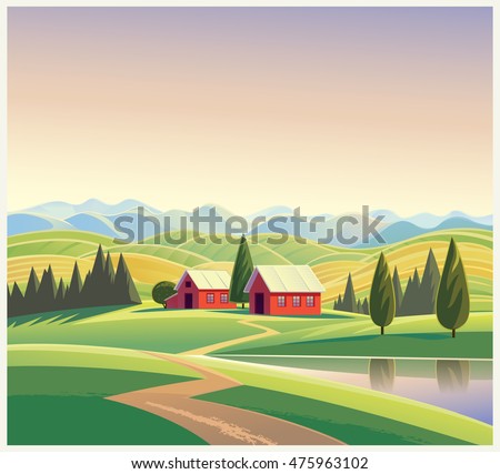 Rural landscape with the houses and mountains and hills, vector illustration.