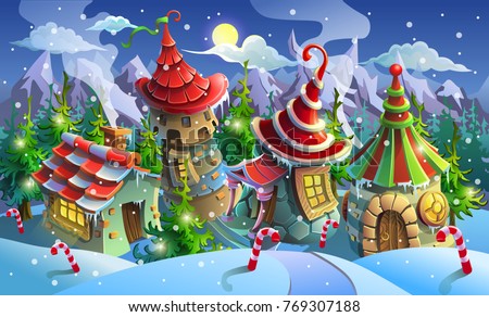 Christmas Village Of Santa Claus Fairy Houses Elves Vector Illustration Panorama