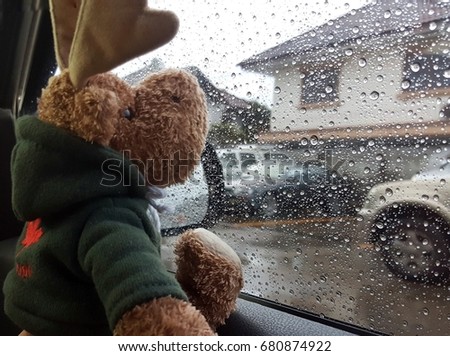 Brown reindeer doll with window of car on a rainy day.