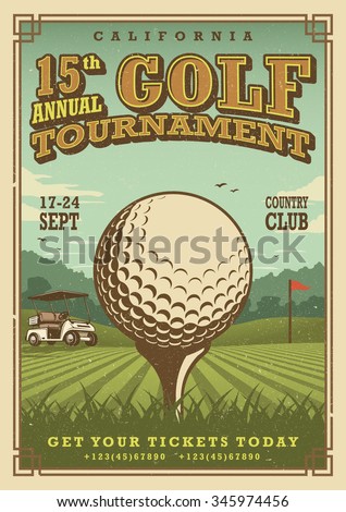Vintage golf poster with a golf ball, golf car and flag on the golf lawn with text. Tournament theme.