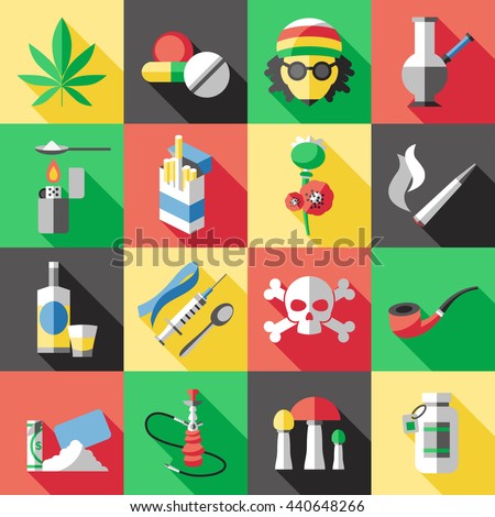 Sixteen square flat drugs icon set with different types of drug dependence alcohol and smoking vector illustration