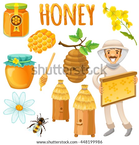 Honey colored and isolated icon set with happy beekeeper works on an apiary vector illustration
