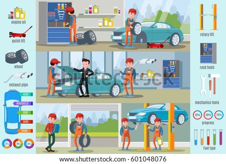 Car repair service infographic concept with workers replacing tyres making diagnostic and different mechanic tools vector illustration