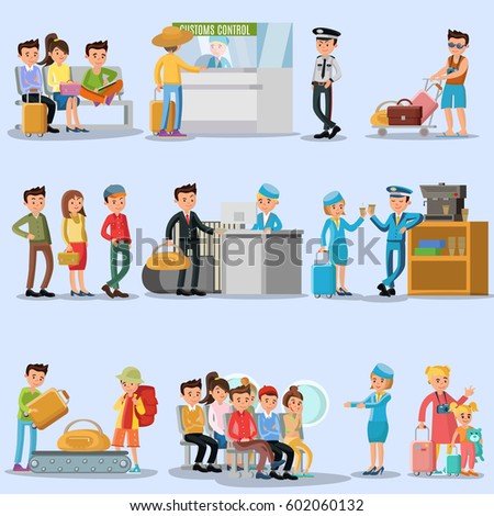 People in airport set with tourists passengers and staff in different situations isolated vector illustration