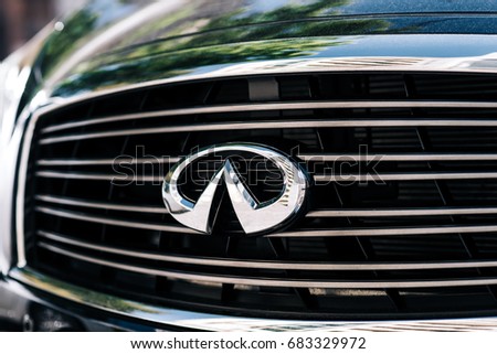 Kyiv, Ukraine - June 16th, 2017: Infiniti logo close up. Infinity is Japanese automobile manufacturer. It is Mazda brand which is used for luxury automobiles.