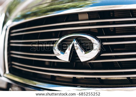Kyiv, Ukraine - June 16th, 2017: Infiniti logo close up. Infinity is Japanese automobile manufacturer. It is Mazda brand which is used for luxury automobiles.