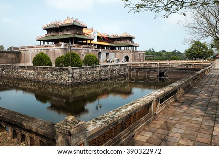 HUE, VIET NAM- FEB 19, 2016: Citadel, an culture heritage with Hoang Thanh (Imperial City),Tu Cam Thanh (Forbidden City), Dai Noi (Inner city), ngo mon (noon gate), ancient architecture in Vietnam