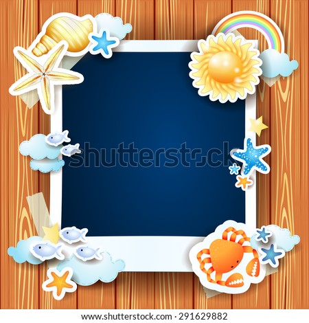 Summer background with photo frame and shells, vector illustration
