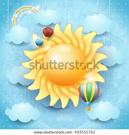 Summer background with sun and hot air balloons. Vector illustration