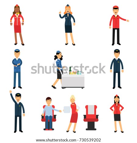 Pilot and stewardess at work during the flight set, air transportation professionals working on the plane vector Illustrations