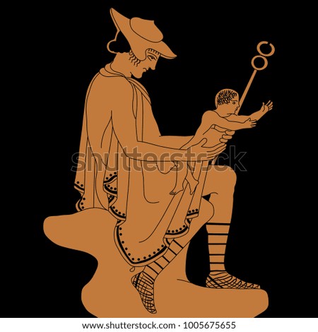 Isolated vector illustration. Mythological scene. Ancient Greek god Hermes holding the infant Dionysus. Based on classical vase image.