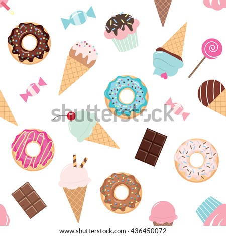 Birthday seamless pattern with sweets - ice cream, donuts, cupcakes, chocolate bar, candies.