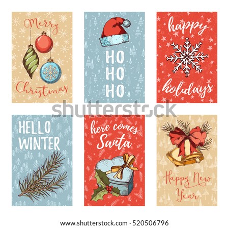 Christmas, New Year, Noel greeting card, posters, flyers, brochures, invitation set. Colorful Hand Drawn sketch vintage elements.