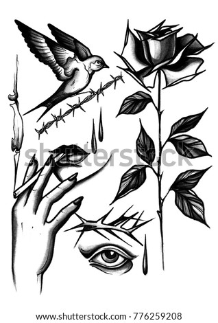 Watercolor Black And White Hand Draw Tattoo Sketches Rose Woman Holding A Cigarette Watercolor Black And White Hand Draw Tattoo Sketches Rose Woman Holding A Cigarette